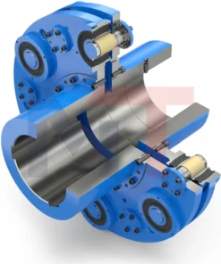 Acoplamiento de goma ELBO Reich instalado en compresor industrial, Vista lateral del acoplamiento flexible de perno ELBO Reich, Detalle de los elementos de elastómero vulcanizados del acoplamiento ELBO, Diagrama técnico del acoplamiento de alto par Reich ELBO