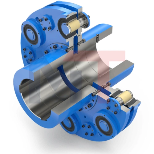 Acoplamiento de goma ELBO Reich instalado en compresor industrial, Vista lateral del acoplamiento flexible de perno ELBO Reich, Detalle de los elementos de elastómero vulcanizados del acoplamiento ELBO, Diagrama técnico del acoplamiento de alto par Reich ELBO