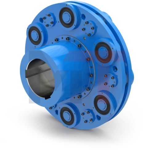 Acoplamiento de goma ELBO Reich instalado en compresor industrial, Vista lateral del acoplamiento flexible de perno ELBO Reich, Detalle de los elementos de elastómero vulcanizados del acoplamiento ELBO, Diagrama técnico del acoplamiento de alto par Reich ELBO