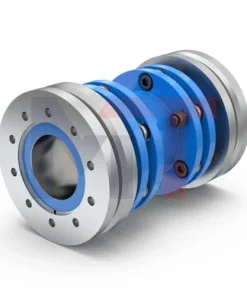 Acoplamiento FLEXDUR Reich rígido a la torsión instalado, Detalle del paquete de discos flexibles del acoplamiento FLEXDUR, Acoplamiento FLEXDUR FD-C con doble junta en línea de transmisión, Vista del acoplamiento ATEX FLEXDUR Reich en entorno industrial