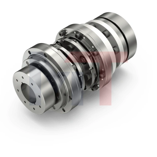 Acoplamiento FLEXDUR HighSpeed Reich instalado en banco de pruebas, Detalle del paquete de placas flexibles del acoplamiento FD-HS, Vista del acoplamiento rígido a la torsión FLEXDUR sin holgura, Acoplamiento Reich FLEXDUR HighSpeed con cubos de sujeción