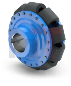 Acoplamiento MULTI CROSS FORTE Reich en línea de transmisión industrial, Detalle de los elementos modulares del acoplamiento MCF, Vista del montaje del acoplamiento flexible MCF Reich, Acoplamiento MULTI CROSS FORTE instalado en entorno de maquinaria pesada