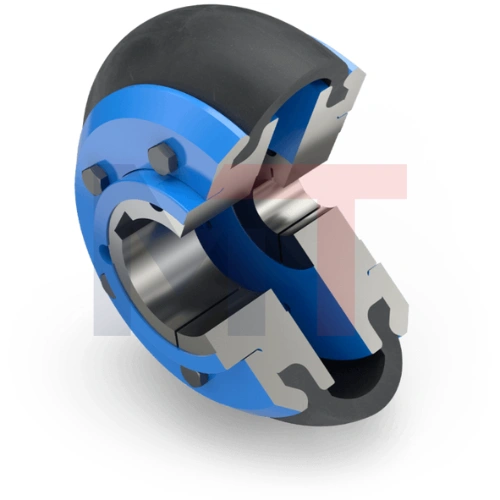 Acoplamiento MULTI CROSS RILLO Reich con casquillos de sujeción cónicos, Detalle del neumático de caucho reforzado del acoplamiento MCR, Vista lateral del acoplamiento neumático MCR instalado, Acoplamiento flexible MULTI CROSS RILLO en maquinaria industrial