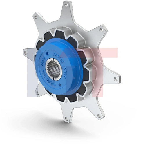 Acoplamiento RCT Reich montado en bomba hidráulica, Vista detallada del acoplamiento rígido a la torsión RCT, Conexión entre motor diésel y bomba con acoplamiento RCT, Estructura interior del acoplamiento RCT con revestimiento de caucho
