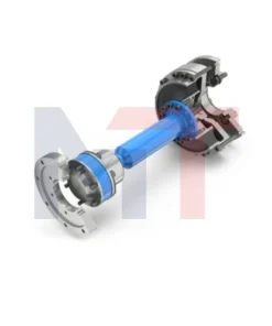 Acoplamiento de goma TOK Reich para banco de pruebas de motores, Detalle del eje con juntas homocinéticas del acoplamiento TOK, Vista del sistema de acoplamiento elástico TOK Reich en banco de pruebas, Componentes del acoplamiento TOK con bridas DIN y SAE