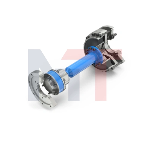 Acoplamiento de goma TOK Reich para banco de pruebas de motores, Detalle del eje con juntas homocinéticas del acoplamiento TOK, Vista del sistema de acoplamiento elástico TOK Reich en banco de pruebas, Componentes del acoplamiento TOK con bridas DIN y SAE