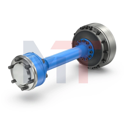 Acoplamiento de goma TOK Reich para banco de pruebas de motores, Detalle del eje con juntas homocinéticas del acoplamiento TOK, Vista del sistema de acoplamiento elástico TOK Reich en banco de pruebas, Componentes del acoplamiento TOK con bridas DIN y SAE