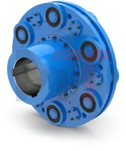 Acoplamiento de goma ELBO Reich instalado en compresor industrial, Vista lateral del acoplamiento flexible de perno ELBO Reich, Detalle de los elementos de elastómero vulcanizados del acoplamiento ELBO, Diagrama técnico del acoplamiento de alto par Reich ELBO