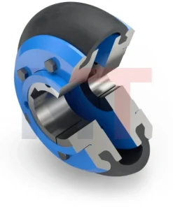 Acoplamiento MULTI CROSS RILLO Reich con casquillos de sujeción cónicos, Detalle del neumático de caucho reforzado del acoplamiento MCR, Vista lateral del acoplamiento neumático MCR instalado, Acoplamiento flexible MULTI CROSS RILLO en maquinaria industrial