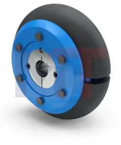 Acoplamiento MULTI CROSS RILLO Reich con casquillos de sujeción cónicos, Detalle del neumático de caucho reforzado del acoplamiento MCR, Vista lateral del acoplamiento neumático MCR instalado, Acoplamiento flexible MULTI CROSS RILLO en maquinaria industrial